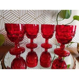 Vintage Red Viking Glass Georgian Honeycomb Water/Wine Goblets Mid Century